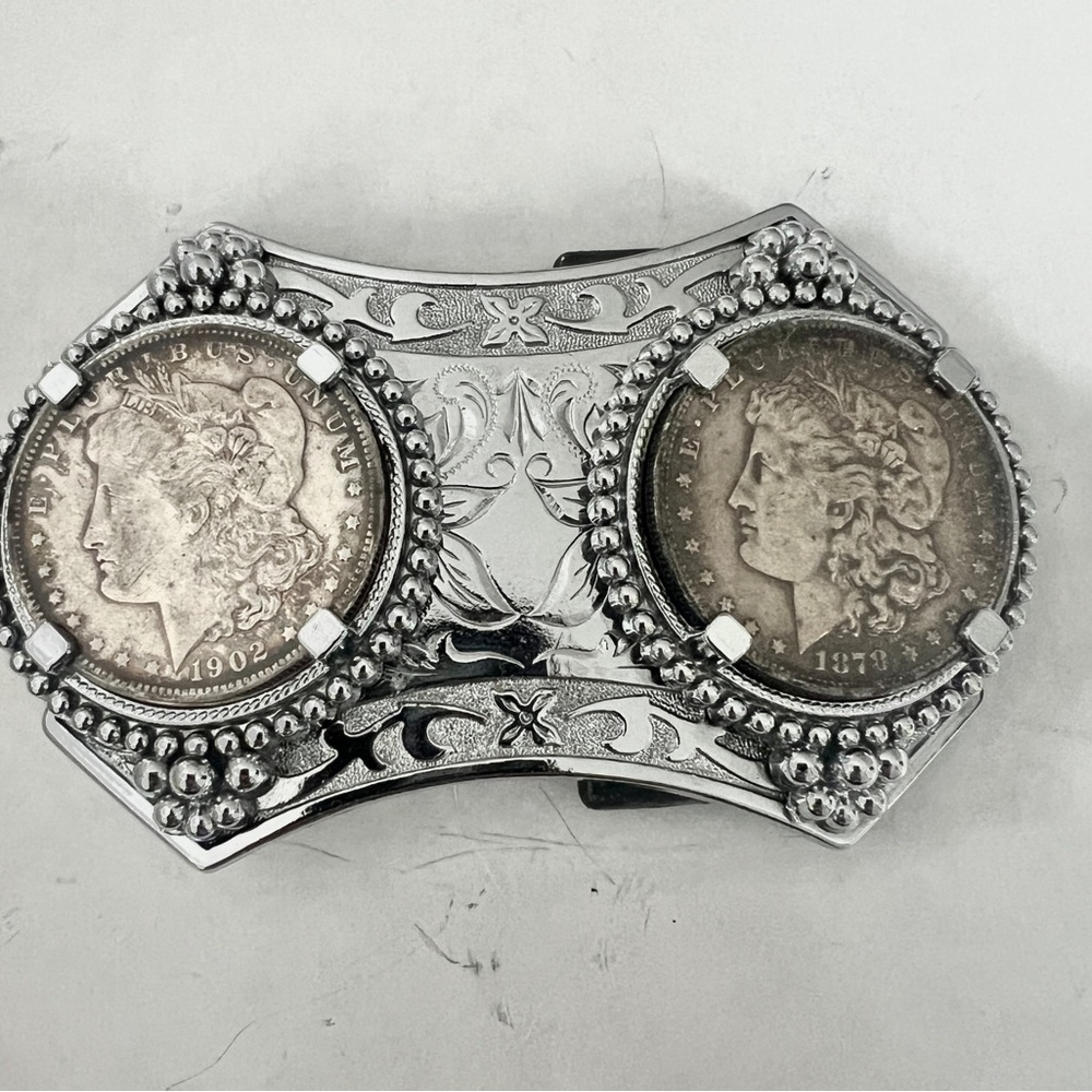 Morgan Silver Dollar Belt Buckle 1902 + 1878 coins Vintage